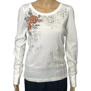VTG Decree Womens‎ Large Ivory Floral Long Sleeve Pullover Thermal Blouse Shirt